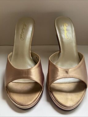 Michaelangelo Metallic Rose Gold Satin Slide Heels